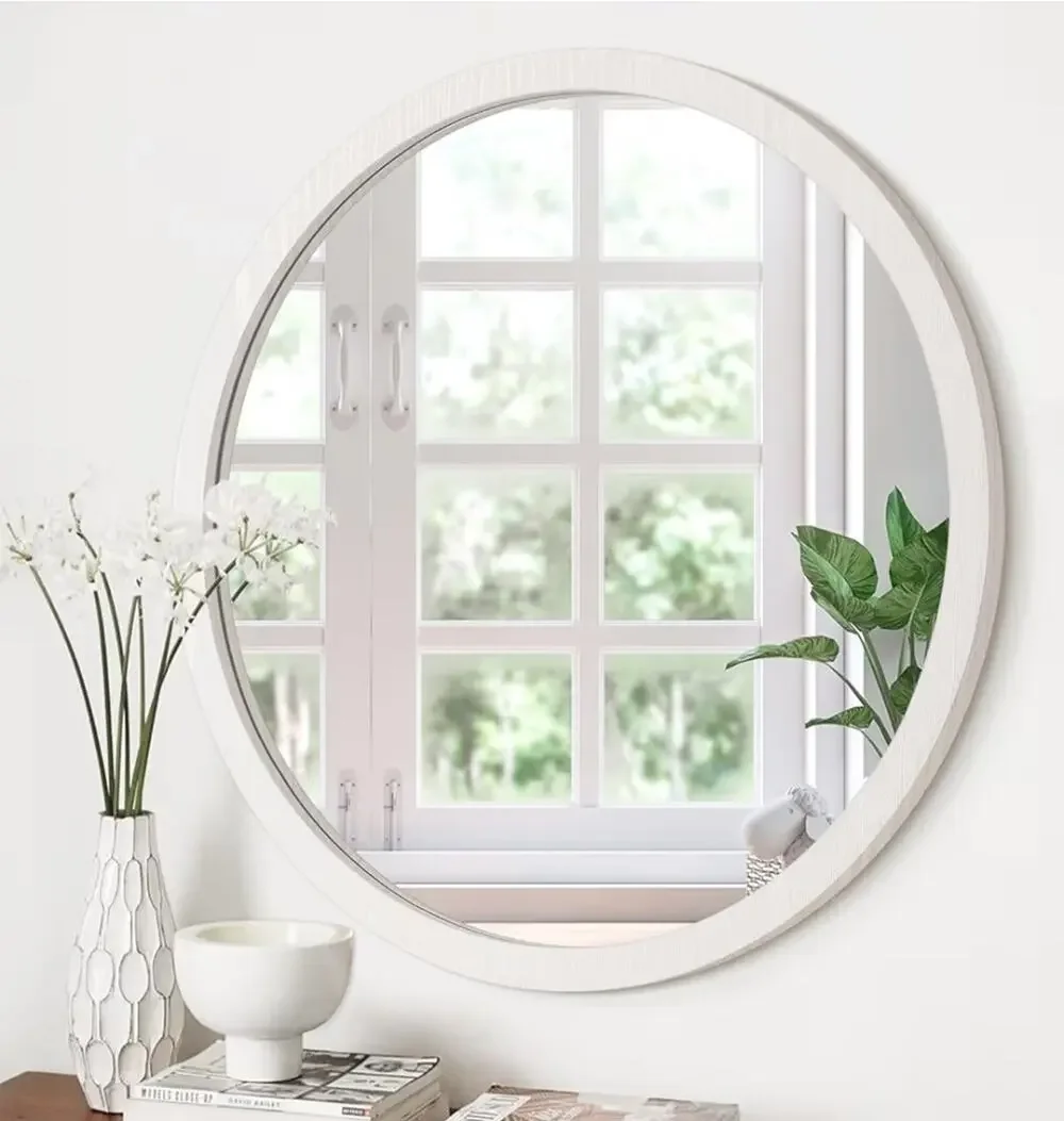 Round Wall Mirror 20 Inch Circle Wall Mirror for Bathroom, White Wood by JJUUYOU